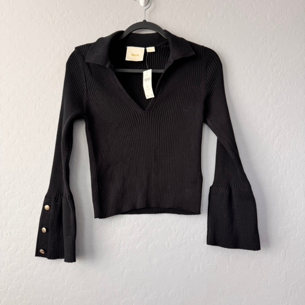 NWT Maeve Anthropologie Bell Sleeve Sweater Ribbed Knit Top Gold Button M Petite